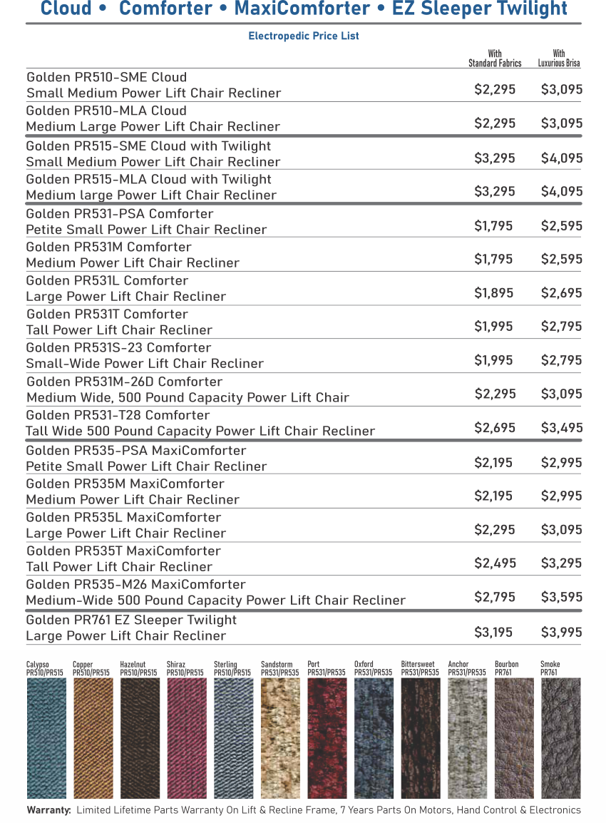 Electropedic Golden lift chair pricing