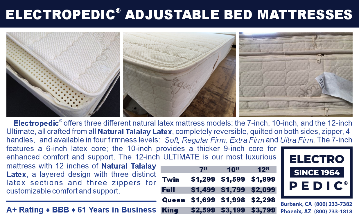 Electropedic adjustable bed Talalay latex mattresses