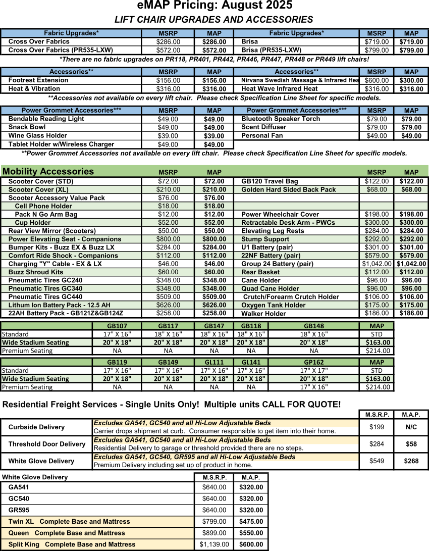 Golden lift chair upgrade and mobility accessory pricing