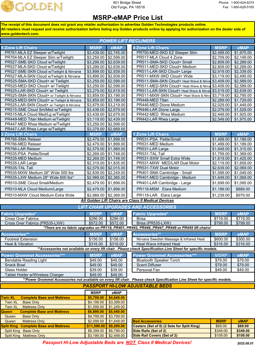 Golden lift chair and bed pricing