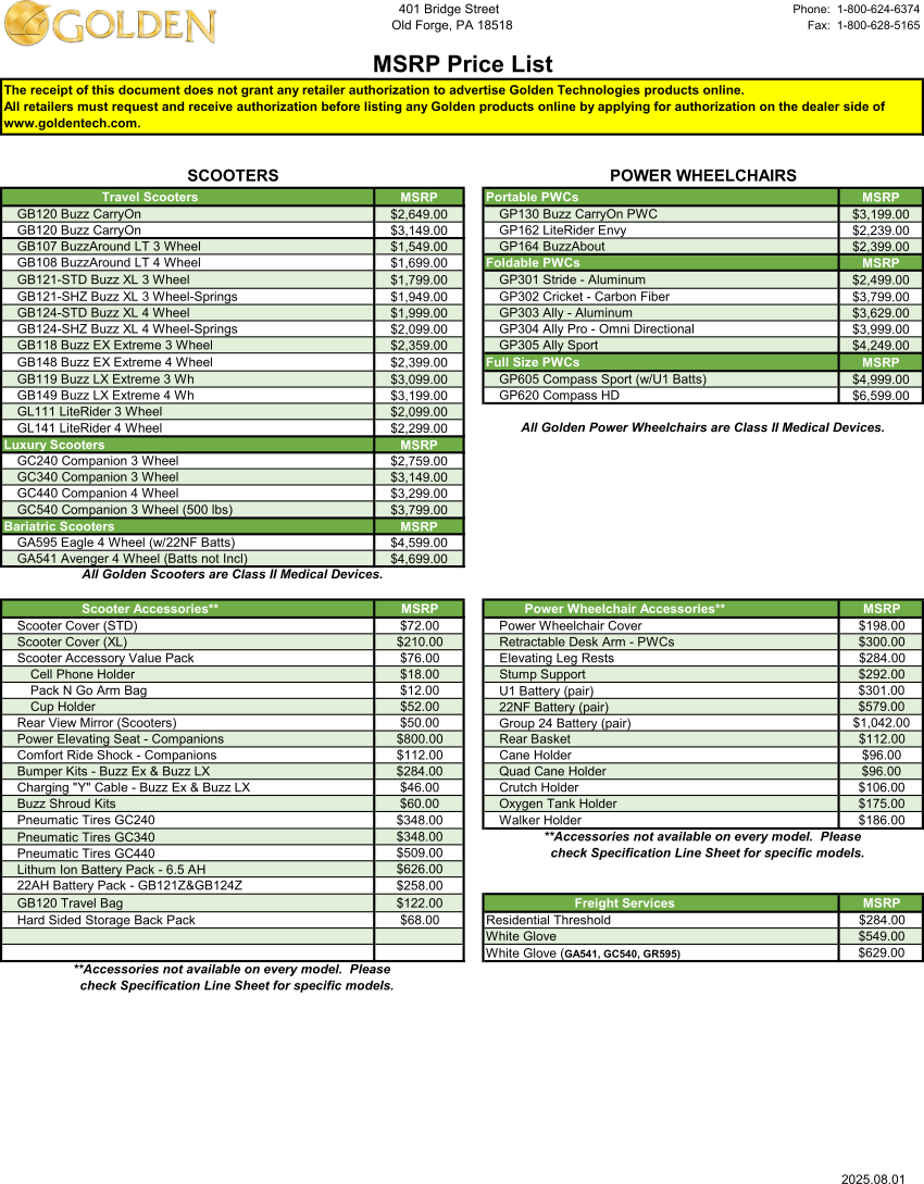 Golden Scooter, power wheelchair, and accessory pricing