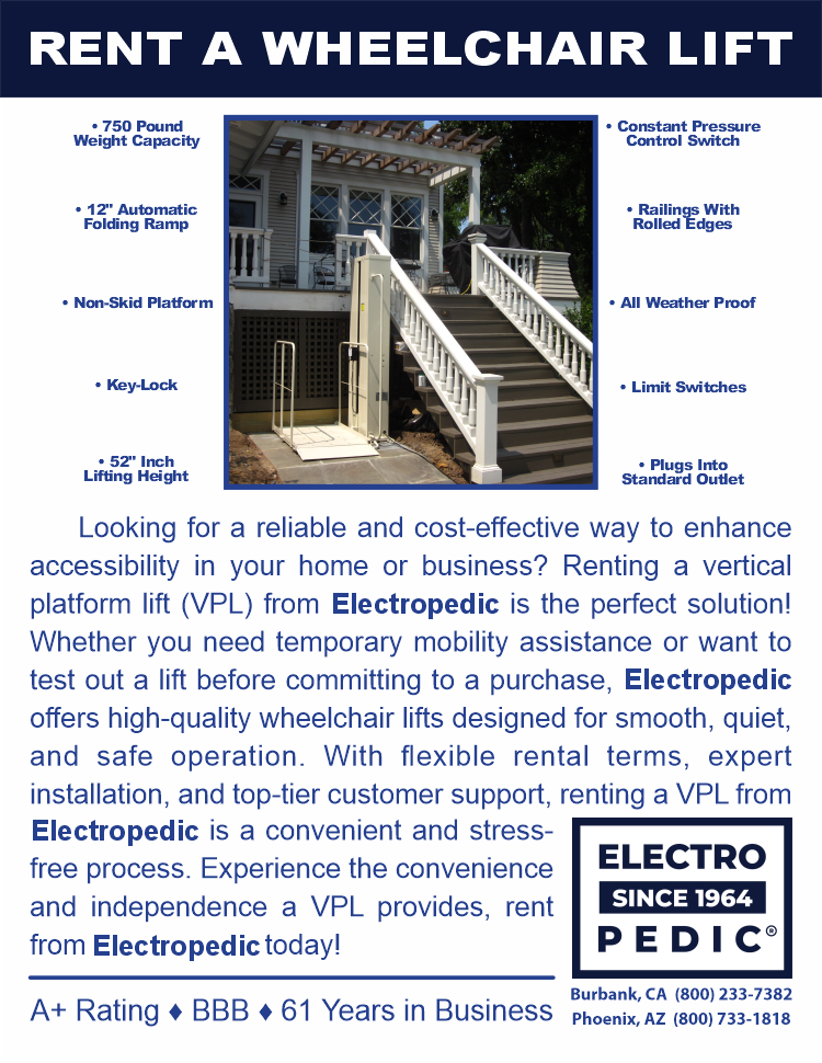 rent a pride jazzy electric wheelchair elevator lift for stage, mobile home, porch, ada business commerical handicap accessibility